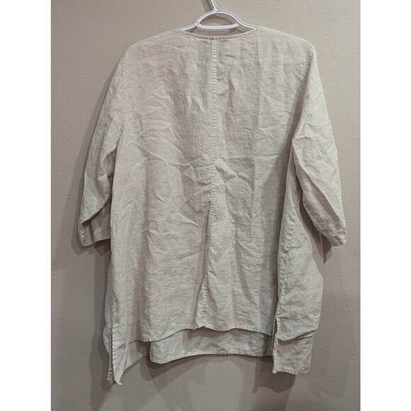 Women's v-neck 3/4 length sleeve tan linen tunic by ali miles 1X - Picture 4 of 7